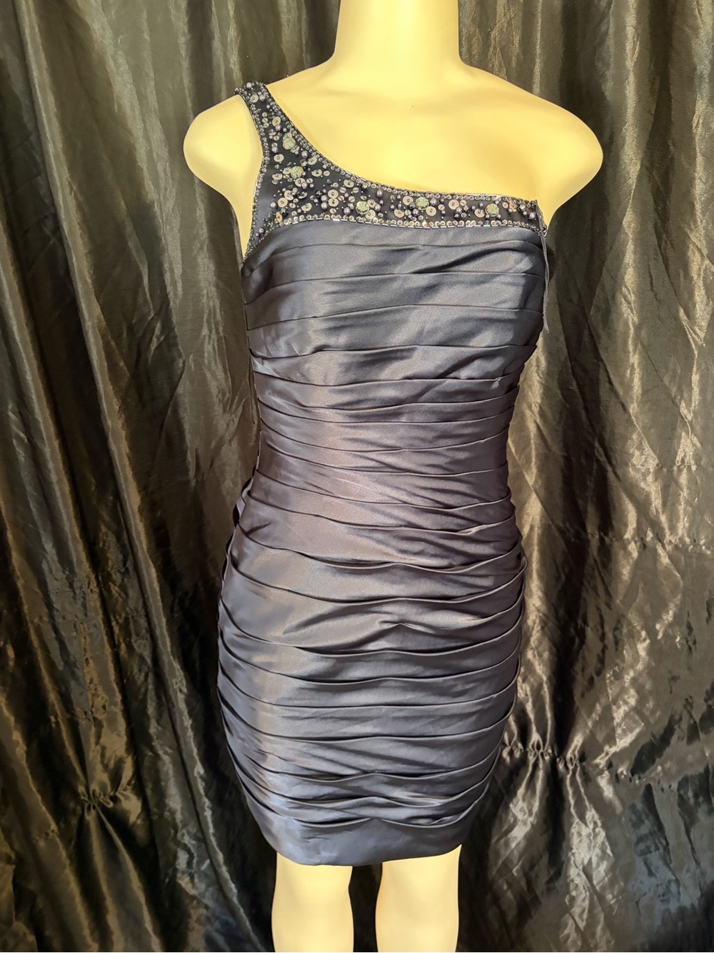 Adrianna Papell Navy One-Shoulder Ruched Cocktail Dress with Beaded Strap